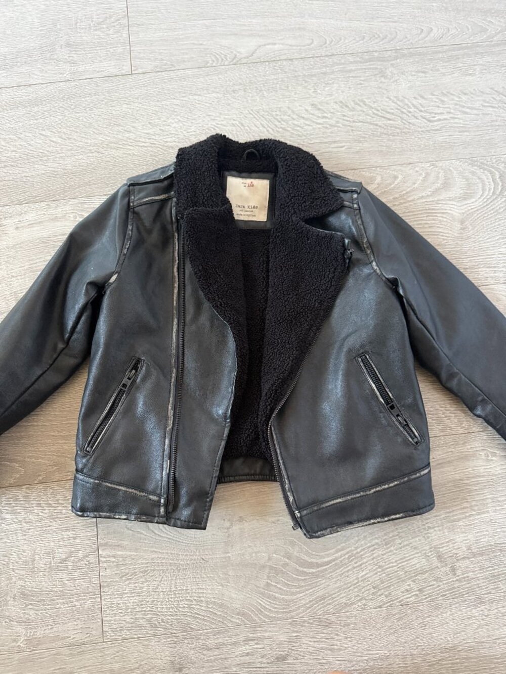 Zara Kids Faux Leather Sherpa Moto Jacket Black Size 8 (128 cm)
